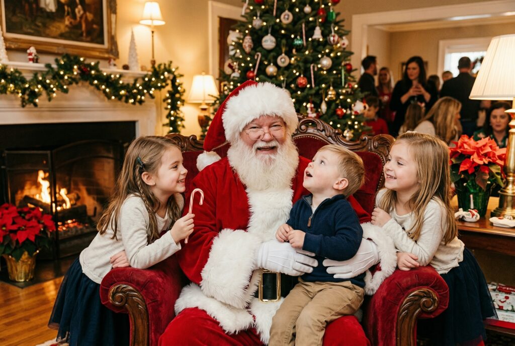 Professional Santa Claus performer with children at a Christmas party for ImSanta reviews