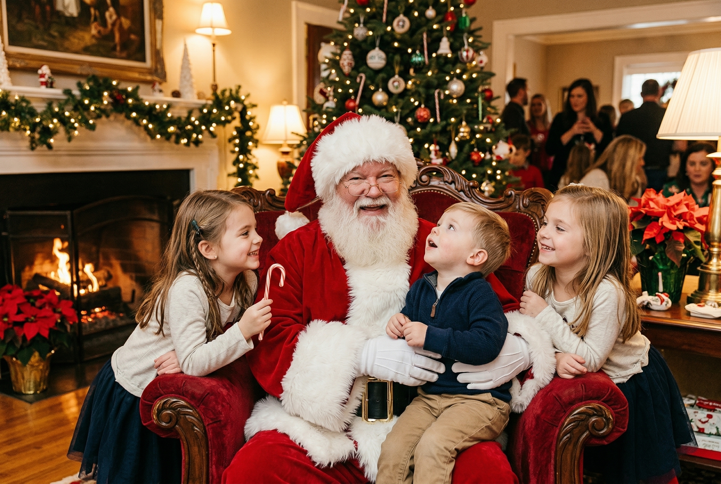 Professional Santa Claus performer with children at Christmas party — book a real Santa through ImSanta
