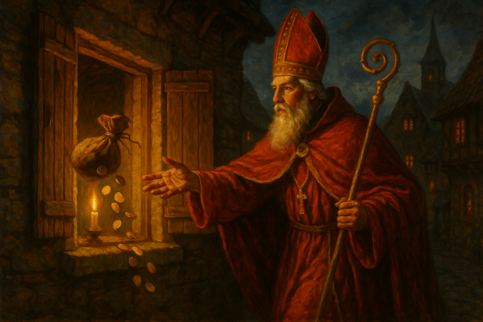 Saint Nicholas secretly delivering gold to help a poor family — origin of Christmas gift-giving tradition