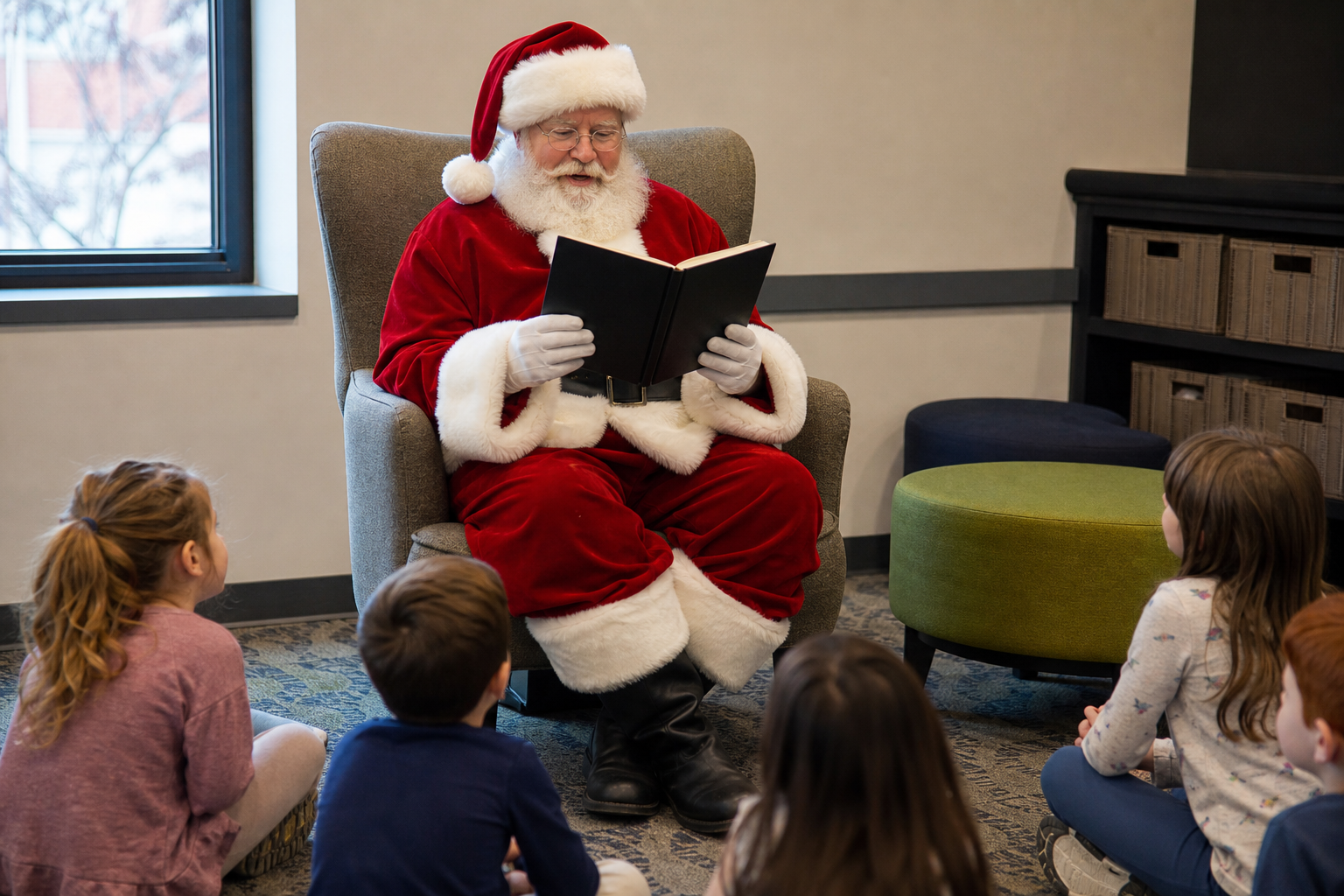 Santa Claus reading at an Omaha Nebraska community storytime program