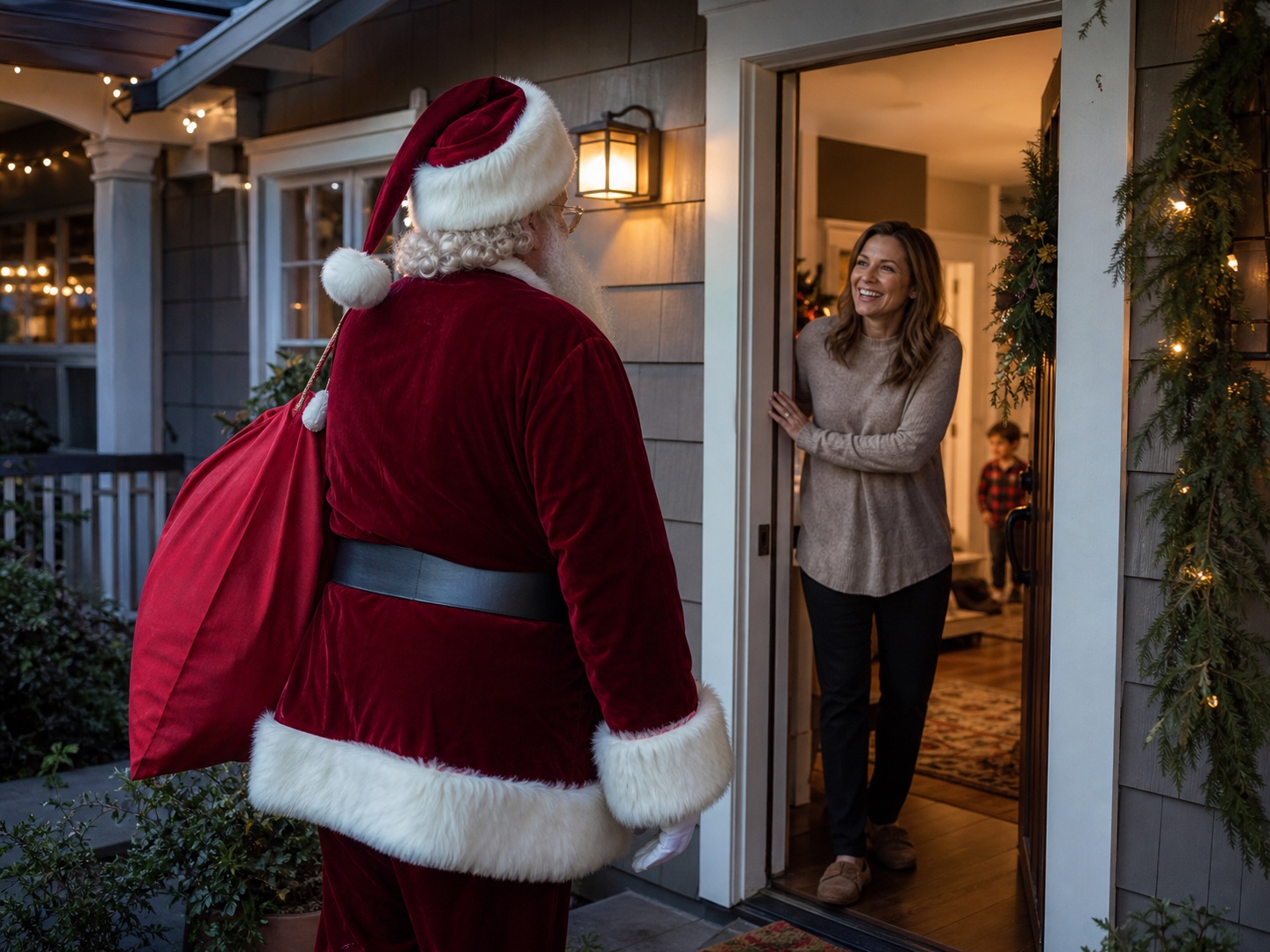 Santa Claus arriving for a Sacramento California private family home visit