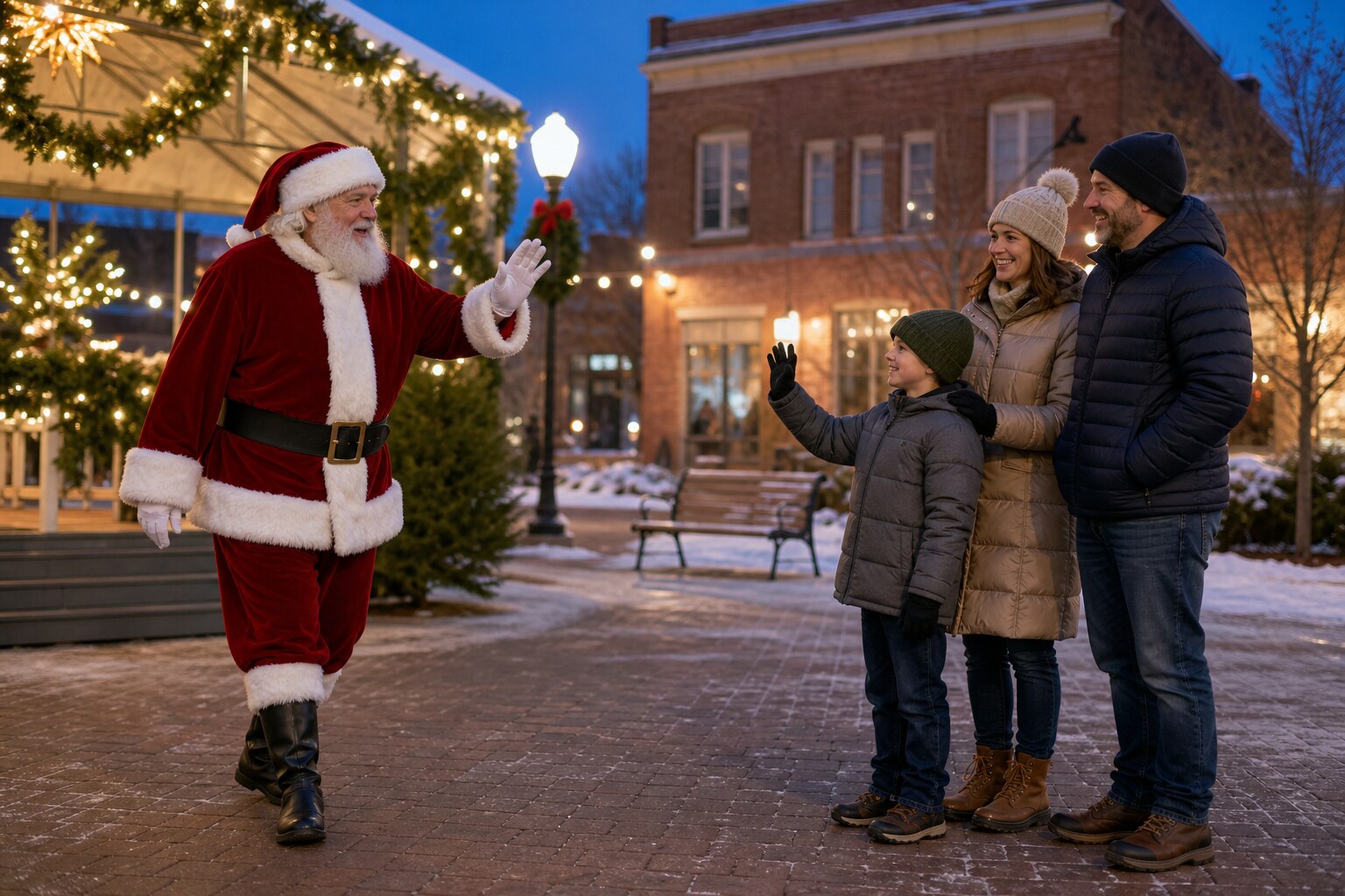 Hire Santa in Charlotte NC greeting a family at an outdoor holiday event