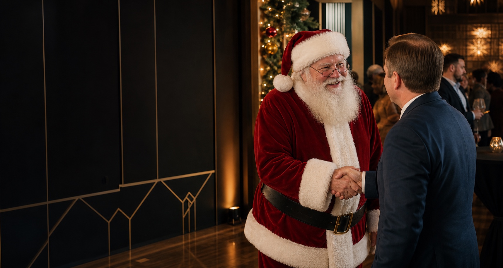 Professional Santa greeting guests at a Kansas City Missouri company holiday reception