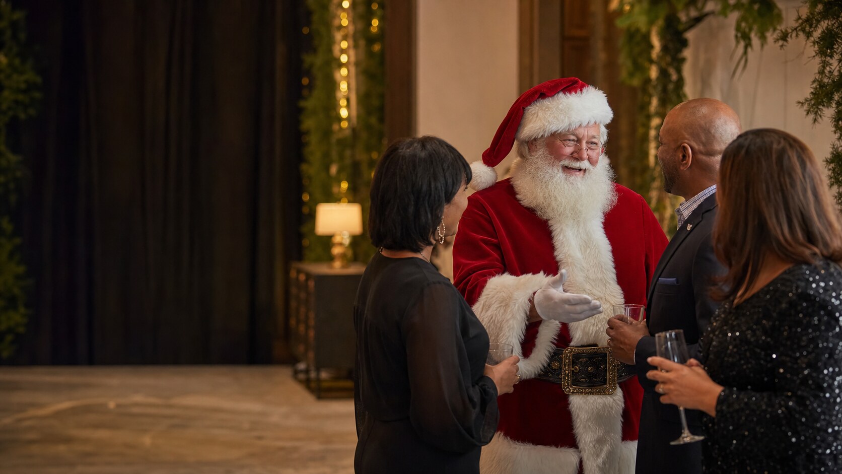 Professional Santa greeting guests at a Memphis Tennessee company holiday party