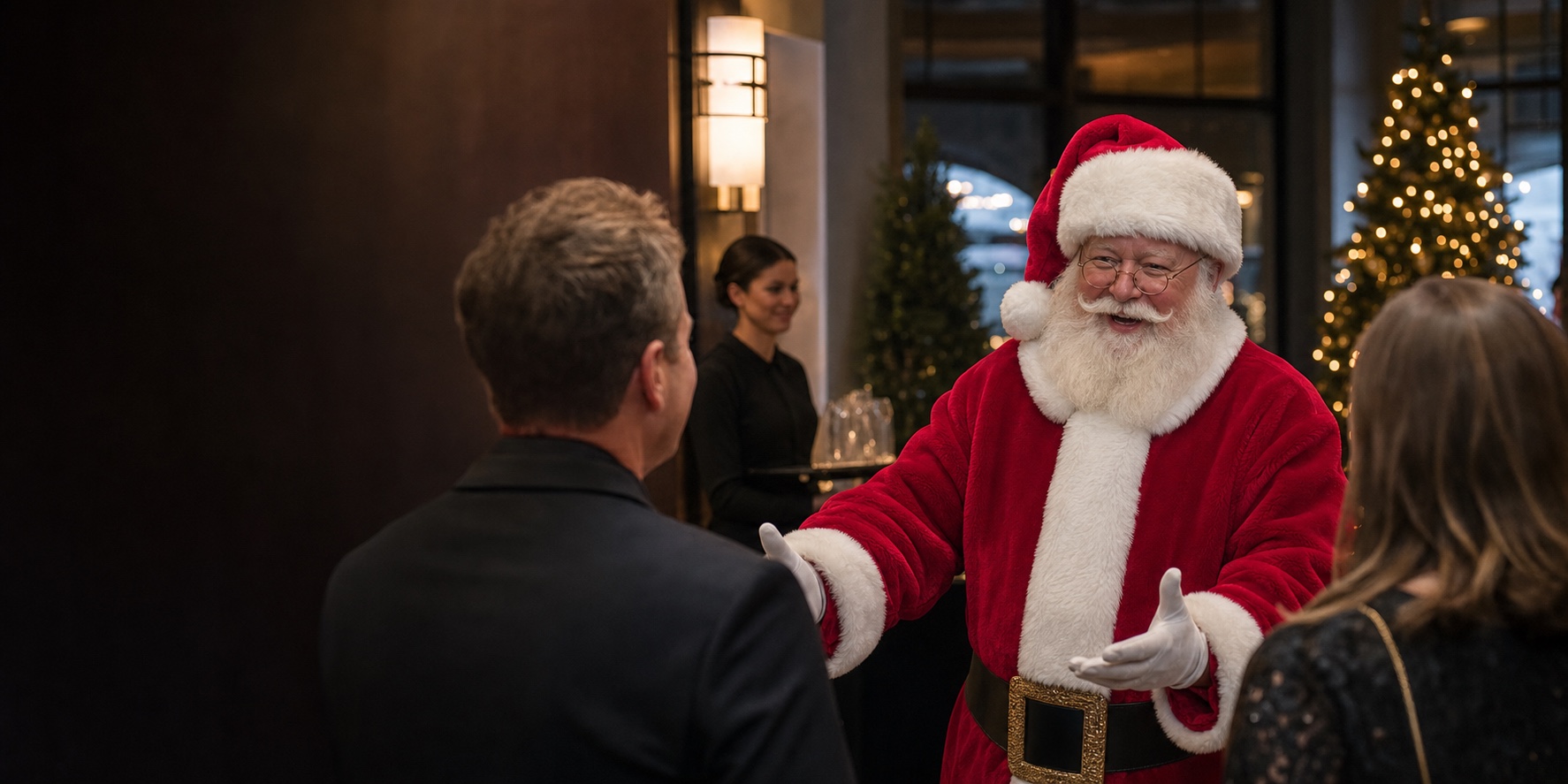 Professional Santa greeting guests at a Milwaukee Wisconsin company holiday party