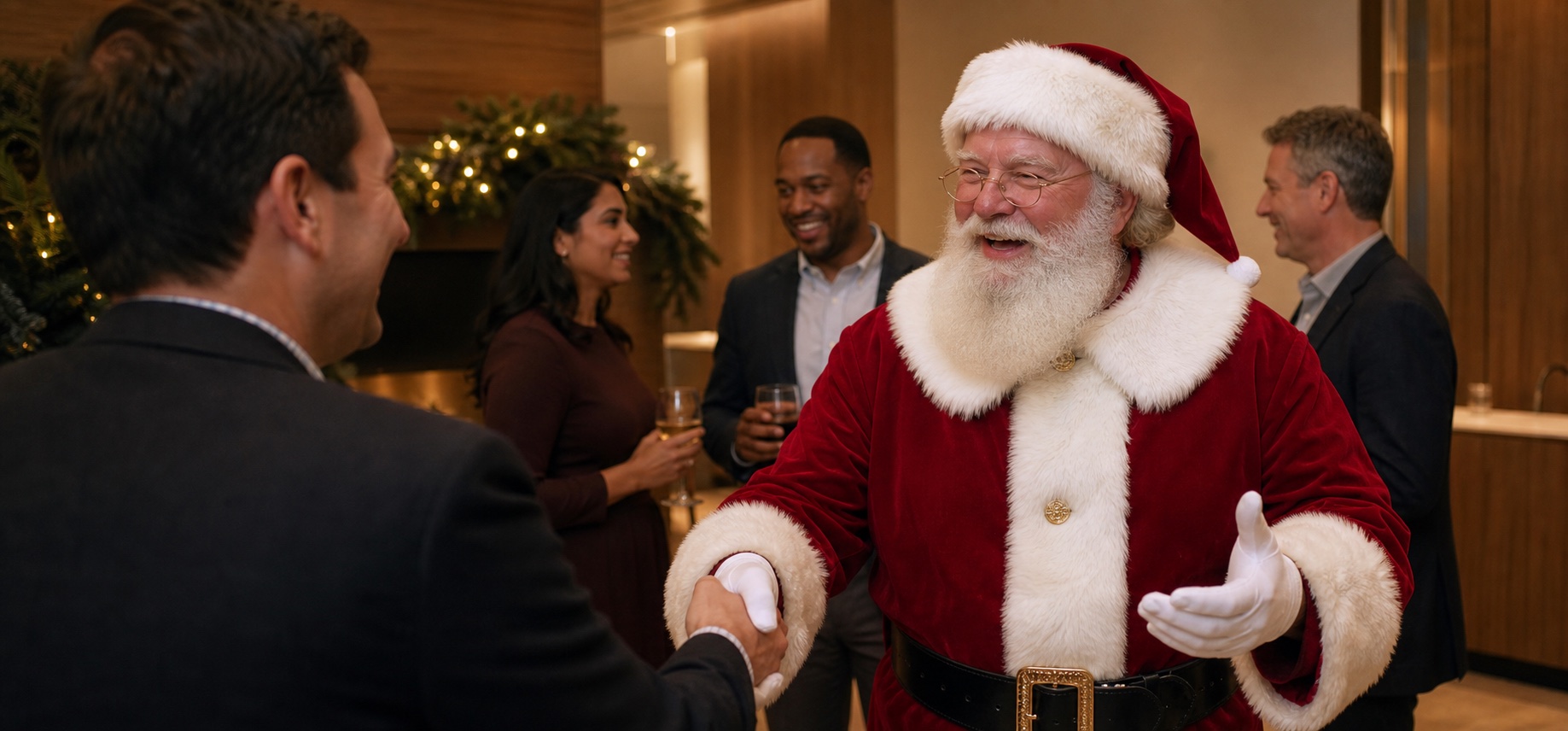 Professional Santa greeting guests at a Raleigh North Carolina company holiday party