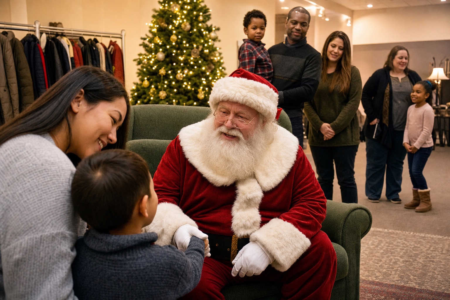 Professional Santa welcoming families at a Colorado Springs Colorado community photo program