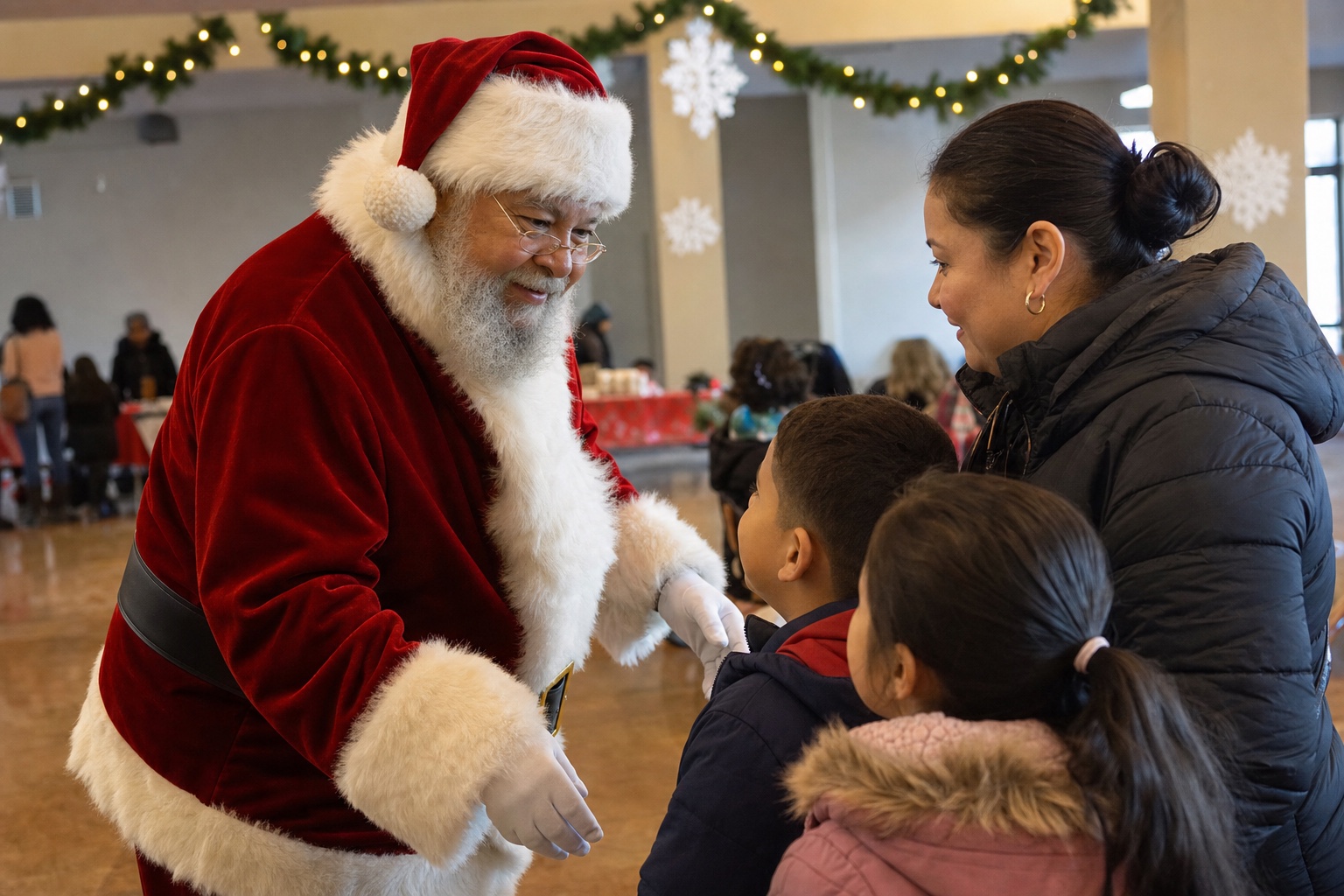 Professional Santa at Detroit Community Holiday Program Professional Santa greeting families at a Detroit community holiday program