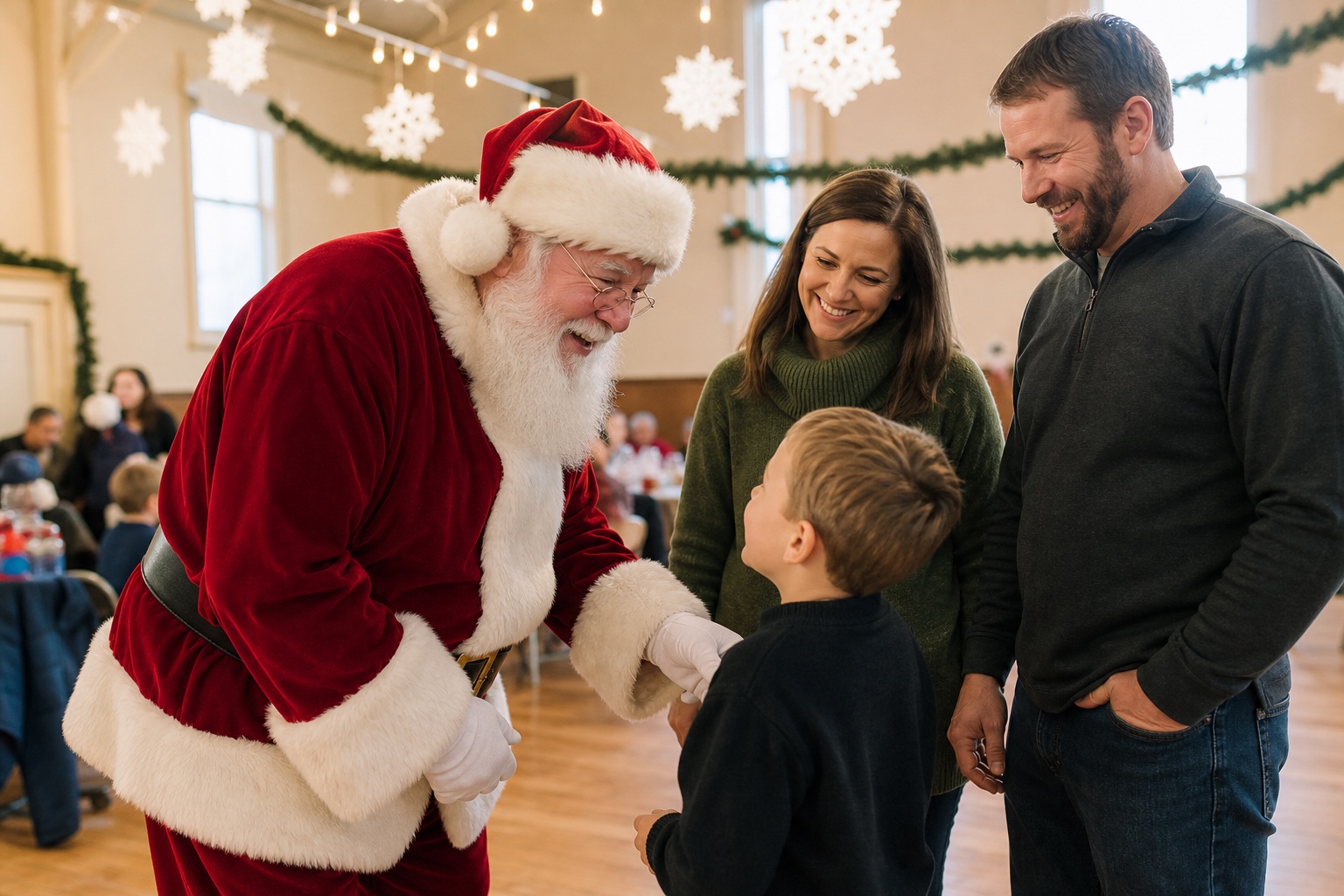 Professional Santa at Louisville Community Holiday Program Professional Santa greeting families at a Louisville community holiday program
