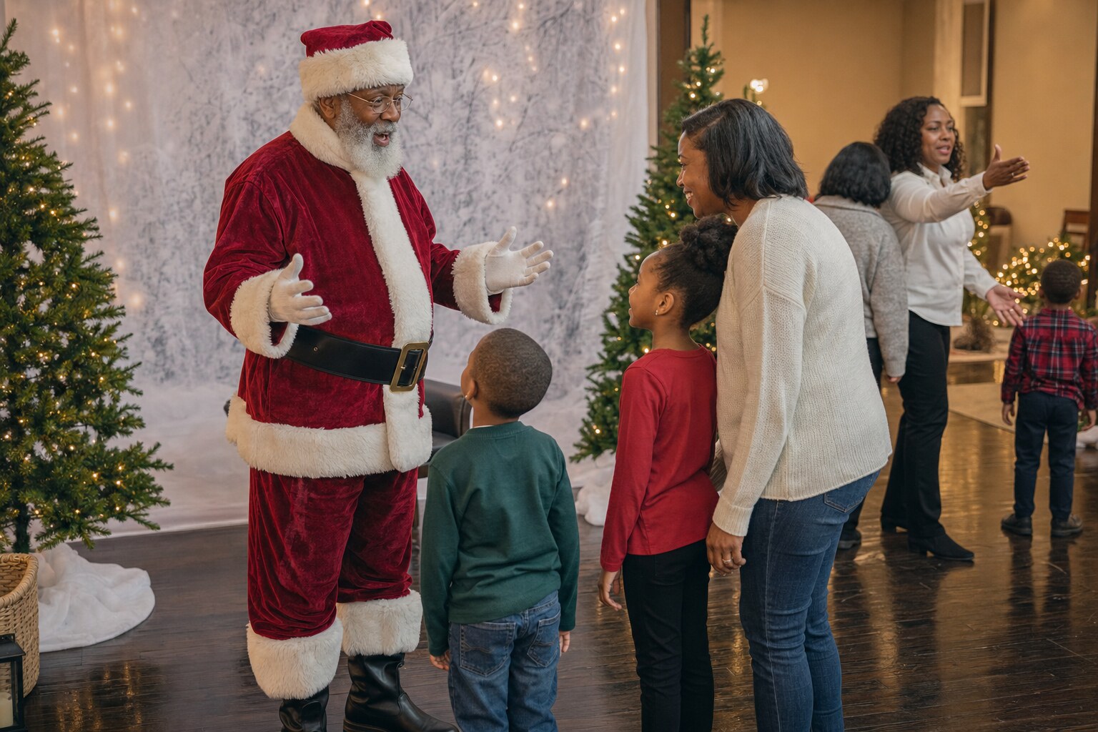 Professional Santa welcoming families at a Memphis Tennessee community photo event