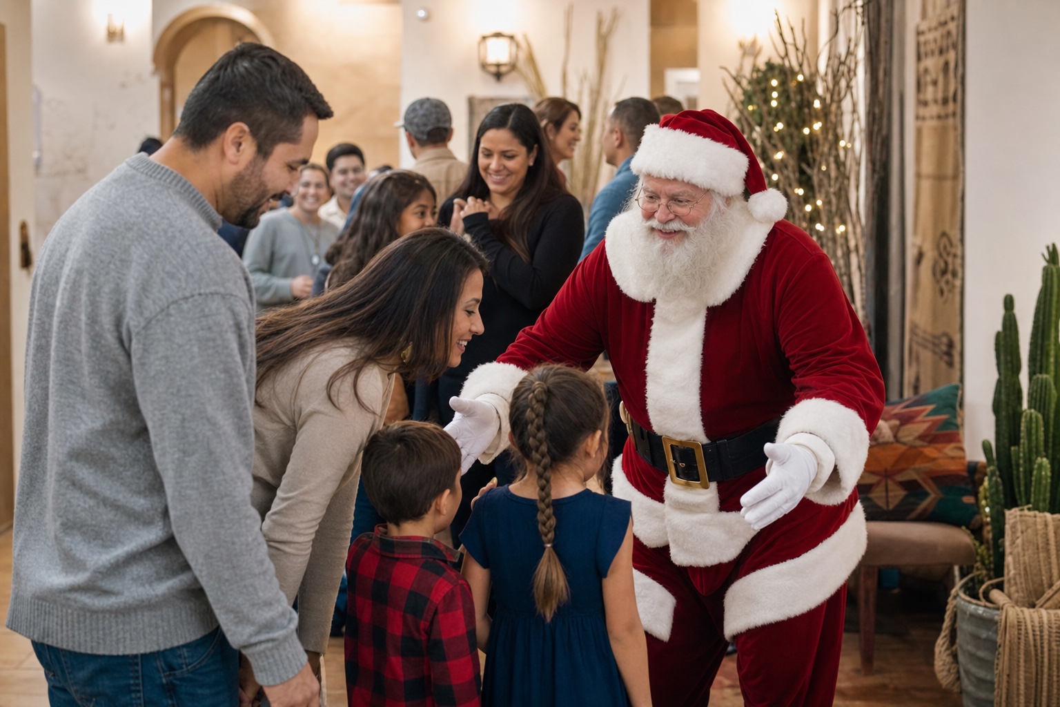 Professional Santa welcoming families at a Mesa Arizona community photo program
