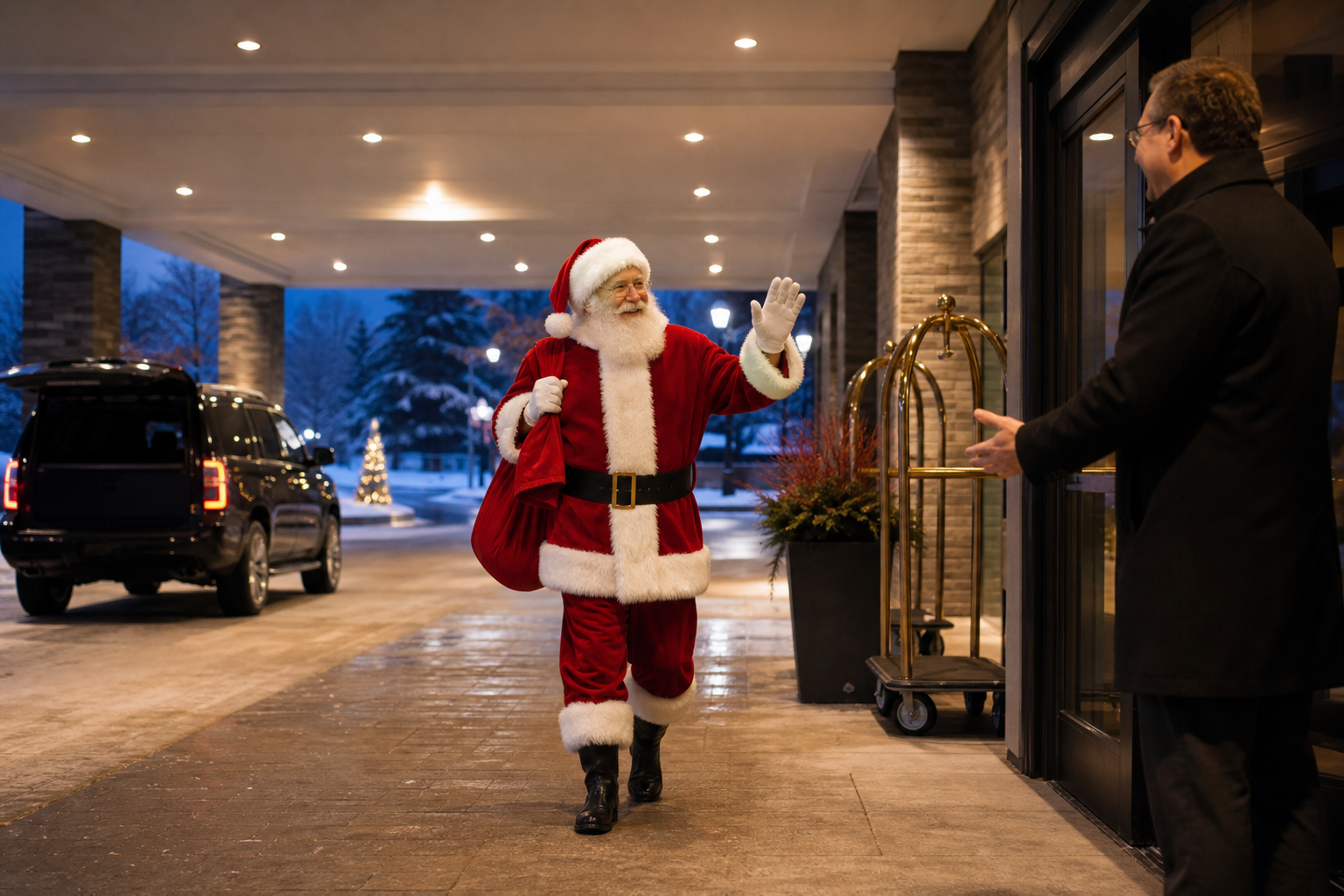 Professional Santa arriving at an Omaha Nebraska convention hotel event