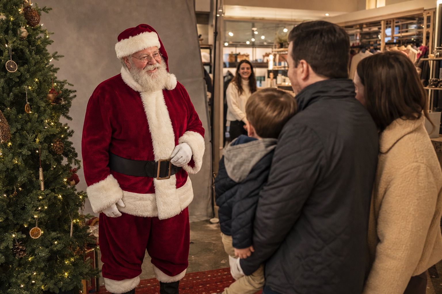 Professional Santa greeting families at a Portland independent retail photo program