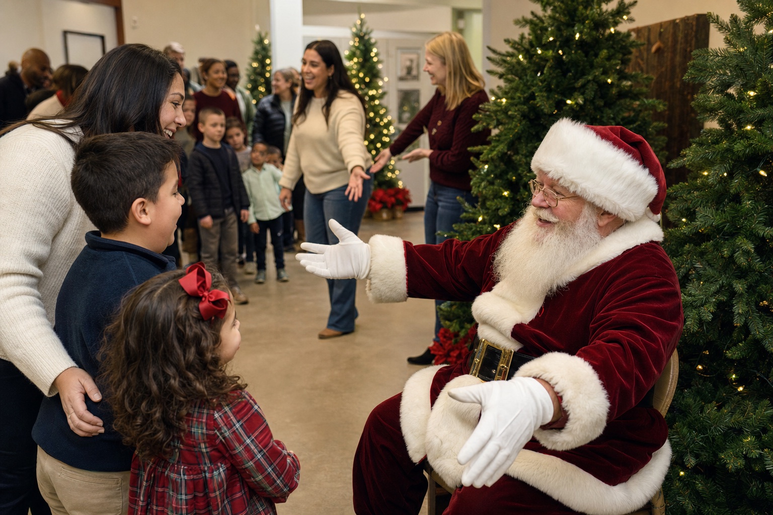 Professional Santa for a Raleigh North Carolina Community Photo Program Professional Santa welcoming families at a Raleigh North Carolina community photo program