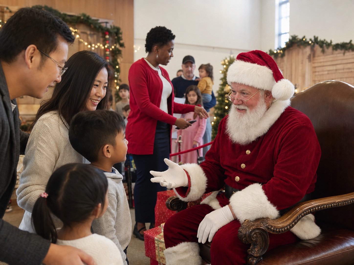 Professional Santa welcoming families at a Sacramento California community photo program